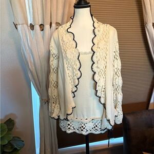Elegant Cream cotton Lace Trim Sweater with tank top